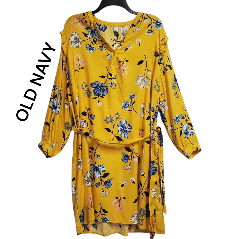 NWT Old Navy Women's Yellow Floral Dress Long Sleeves Size XL